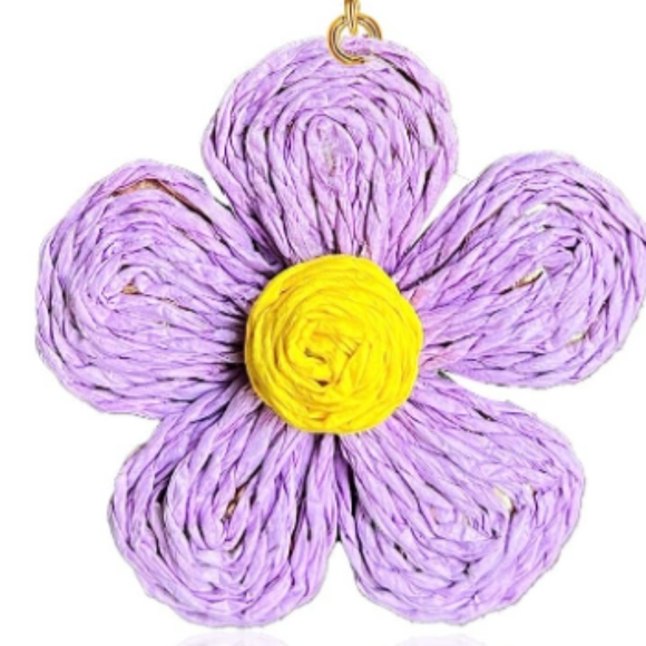 Lavender Yellow Raffia Flowers Oversized Statement Earrings Big Wicker Flower - Picture 3 of 4